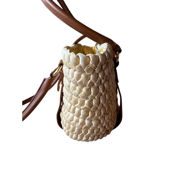 Etienne Aigner Corn Husk Woven Tote Bag Brown Leather Trim Retro Summer Chic - Picture 9 of 13